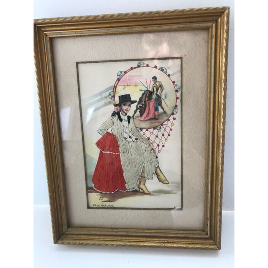 Vtg Spanish Elsi Gumier Silk Embroidered Postcard "Pase Natural" 1950s Gold Wood Frame Glass Matodor  Tamborine