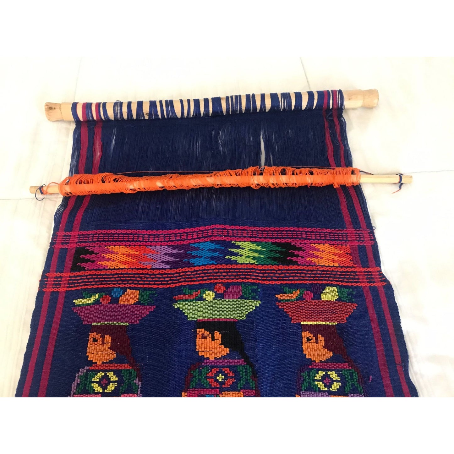 Vtg 1971 Hand Woven Guatemala Textile Art Hung On Sugar Cane 3 Women Multi Colored