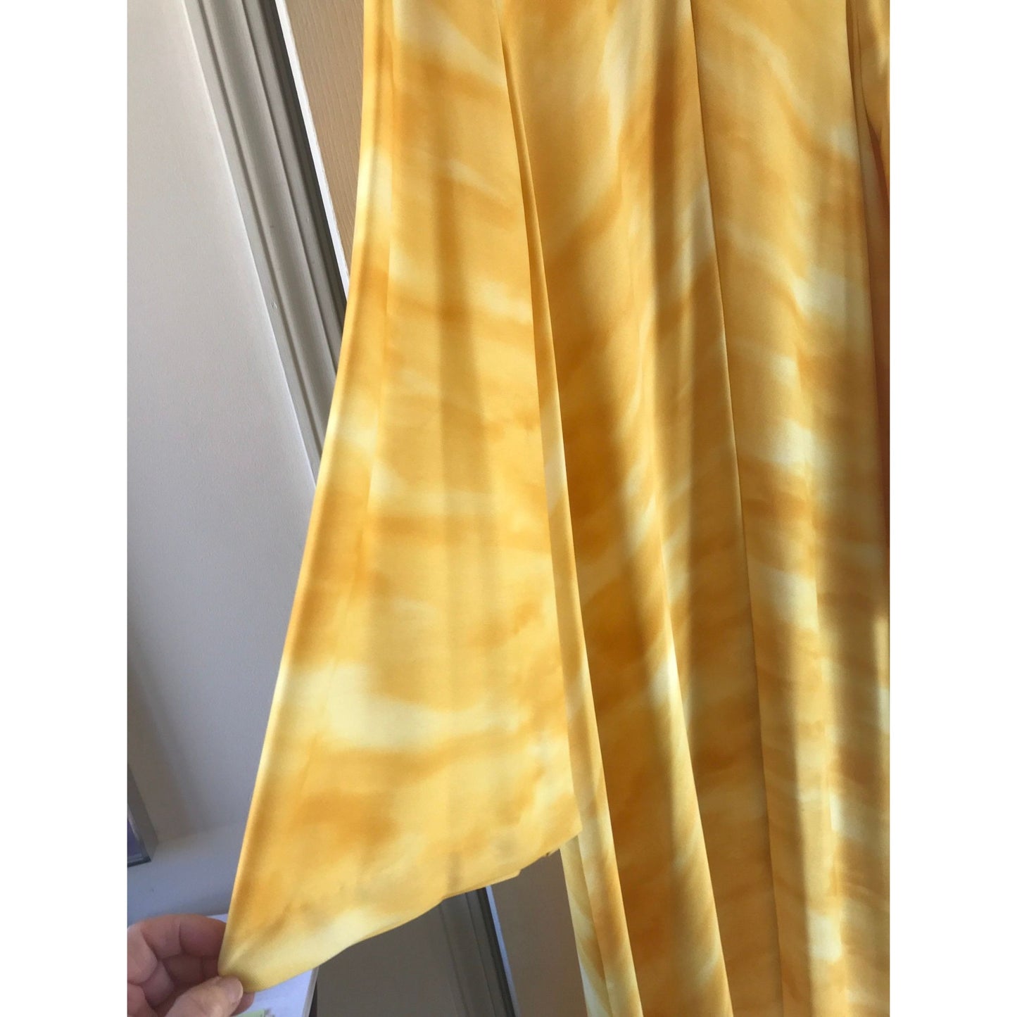 Vtg 1970's Avon Family Fashions Yellow White Tie Dyed Maxi Dress & Shawl Bell Sleeves Boho Hippie L