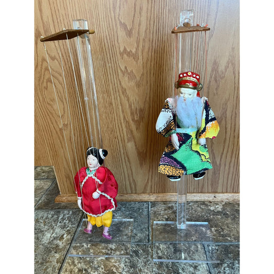 Vtg Pair Of Chinese Theater String Puppets Male & Female Wooden Paddle Control Acrylic Stands Included