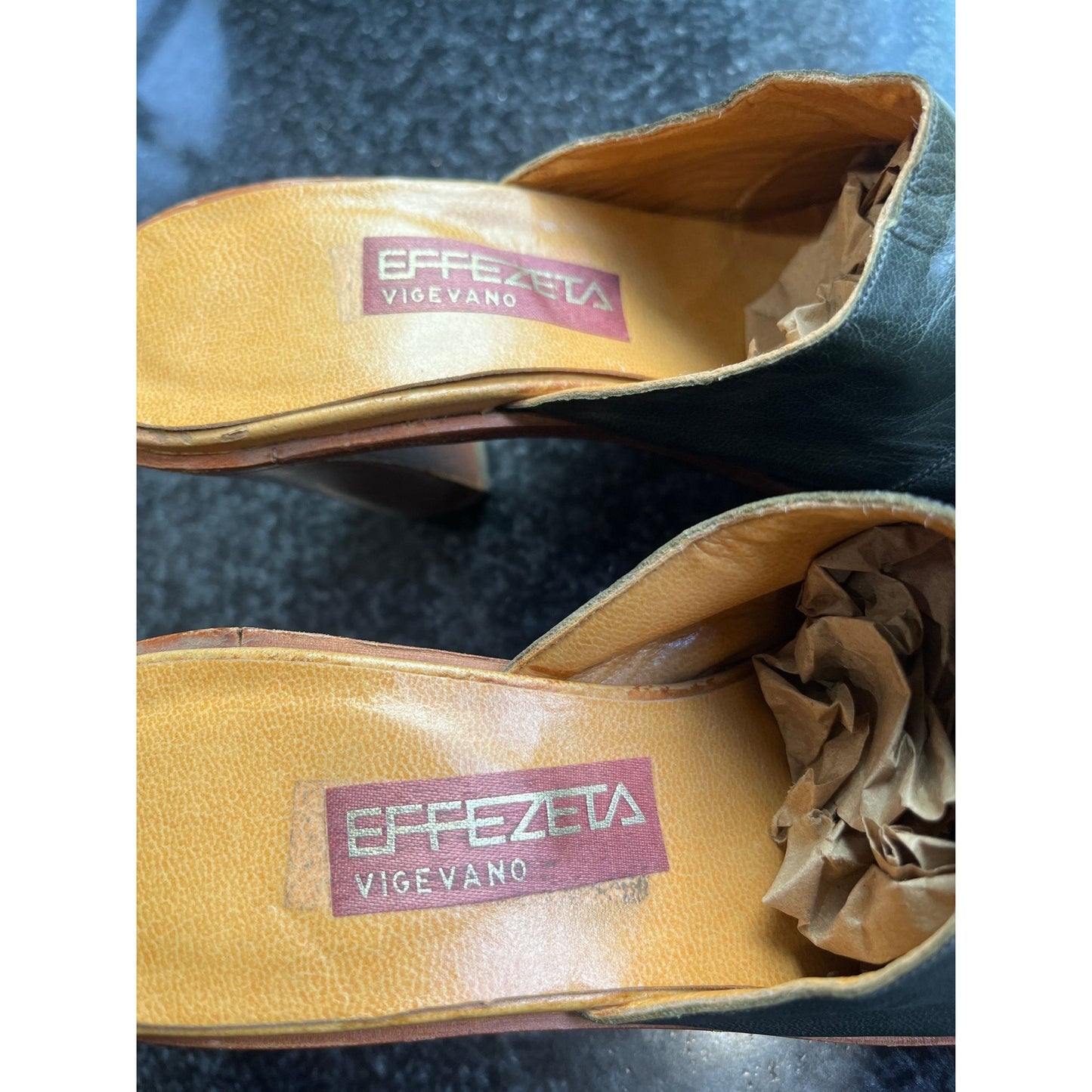 Vtg Effezeta Vigevano Made In Italy Slide On Wooden High Heels Shoes Deep Teal Color Size 34 Vero Cuoio