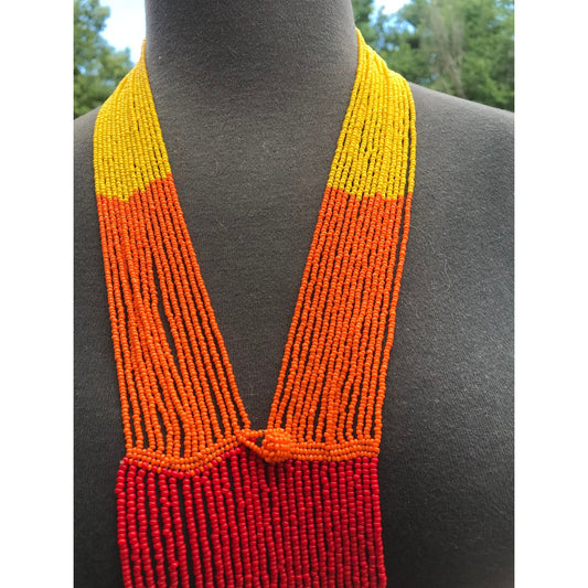 Vtg 1960's Seed Beaded Shawl With Beaded Button & Loop Orange Red Yellow African Maasai Tiny Seed Beadwork 82" x 2"