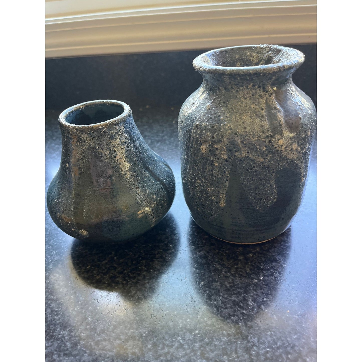 Vtg Pair Of Soda fired Hand Thrown Ceramic Pottery Vase In Tones Of  Blue & Hint Of White Signed By Artist