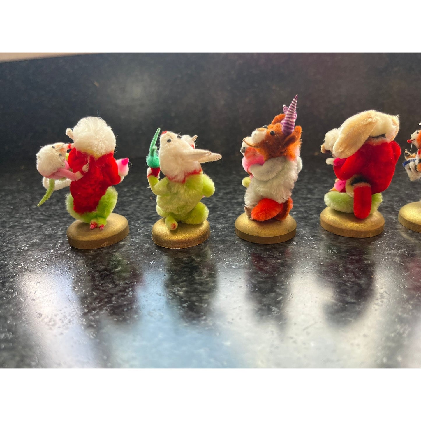 Vtg Set Of 12 Handmade Chenille Animals Mother & Child 2" Figurines Amazing Details One Of A Kind