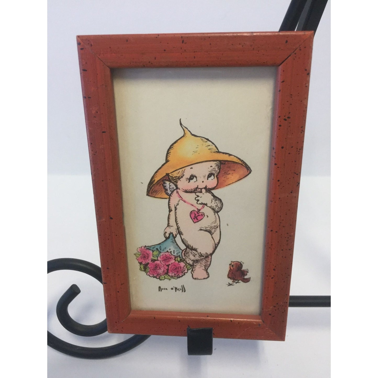 Vtg Rose O'Neill Precious Kewipie Print Framed Cartoon Character No Clothes On Cute Hat Heart Necklace Bouquet Of Flowers