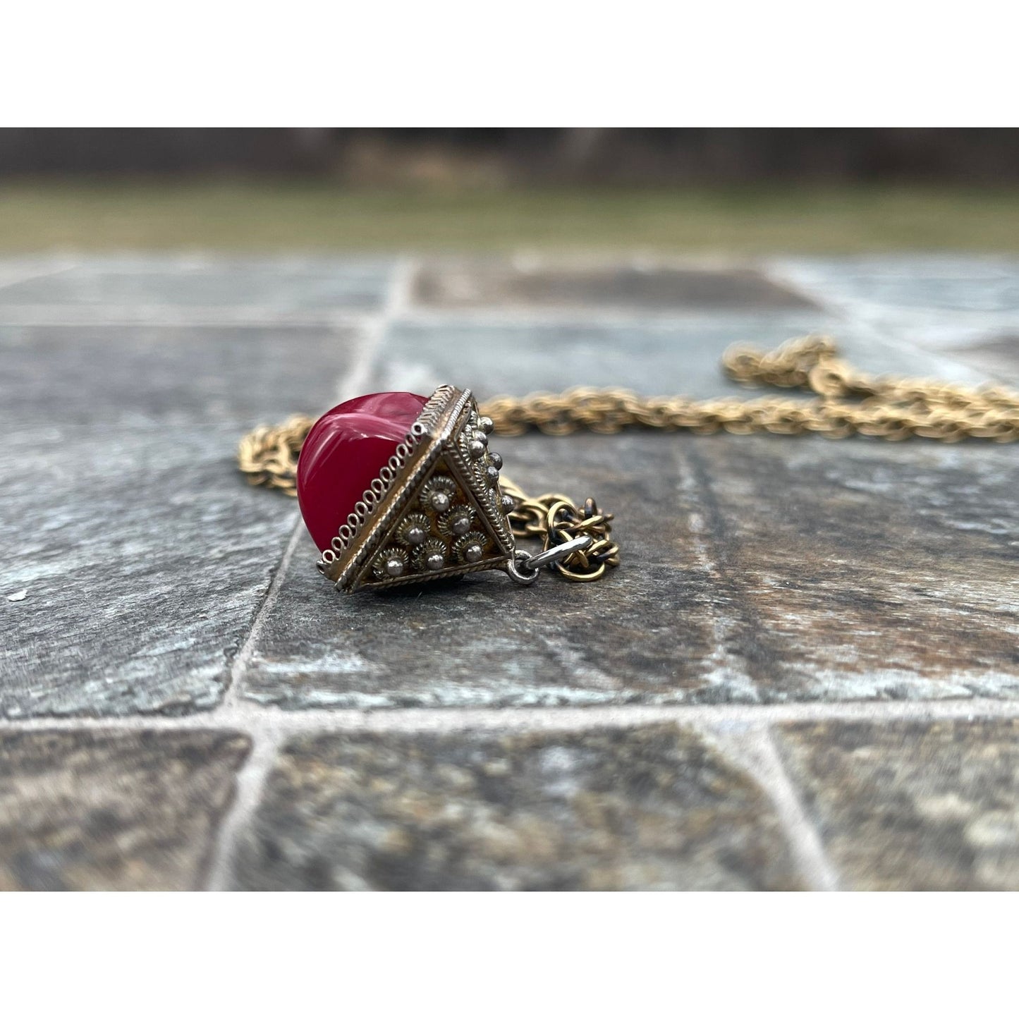 Vtg 1960's Italian Handmade Filigree Semi Precious Red Stone Pendant Square Charm Necklace