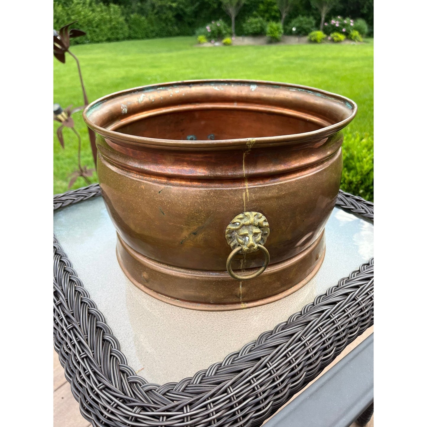 Antique 19th Century Copper Cauldron Log Bin Brass Lion Handles c.1860 Made In England