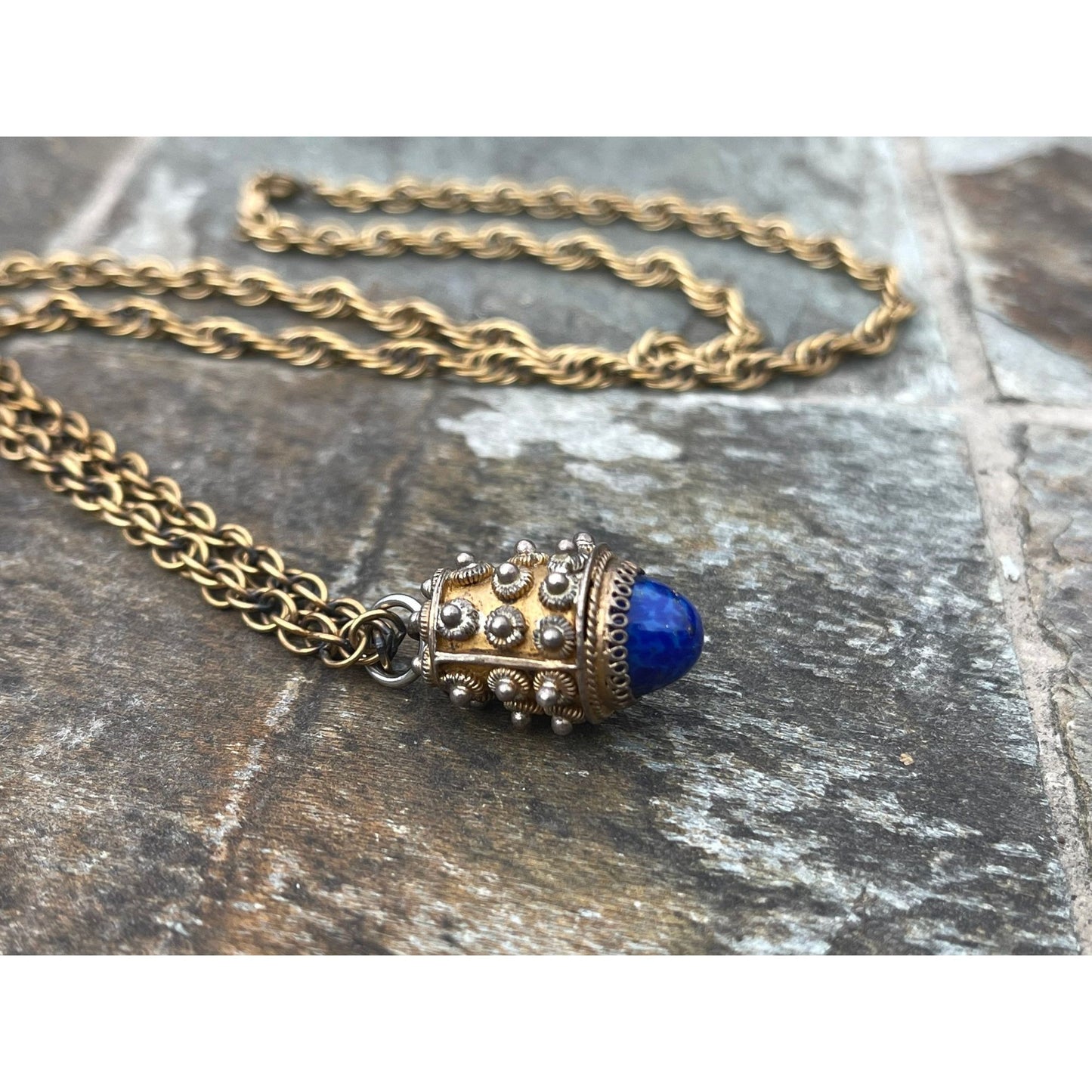 Vtg 1960's Italian Handmade Filigree Semi Precious Blue Stone Pendant Barrel Charm Necklace