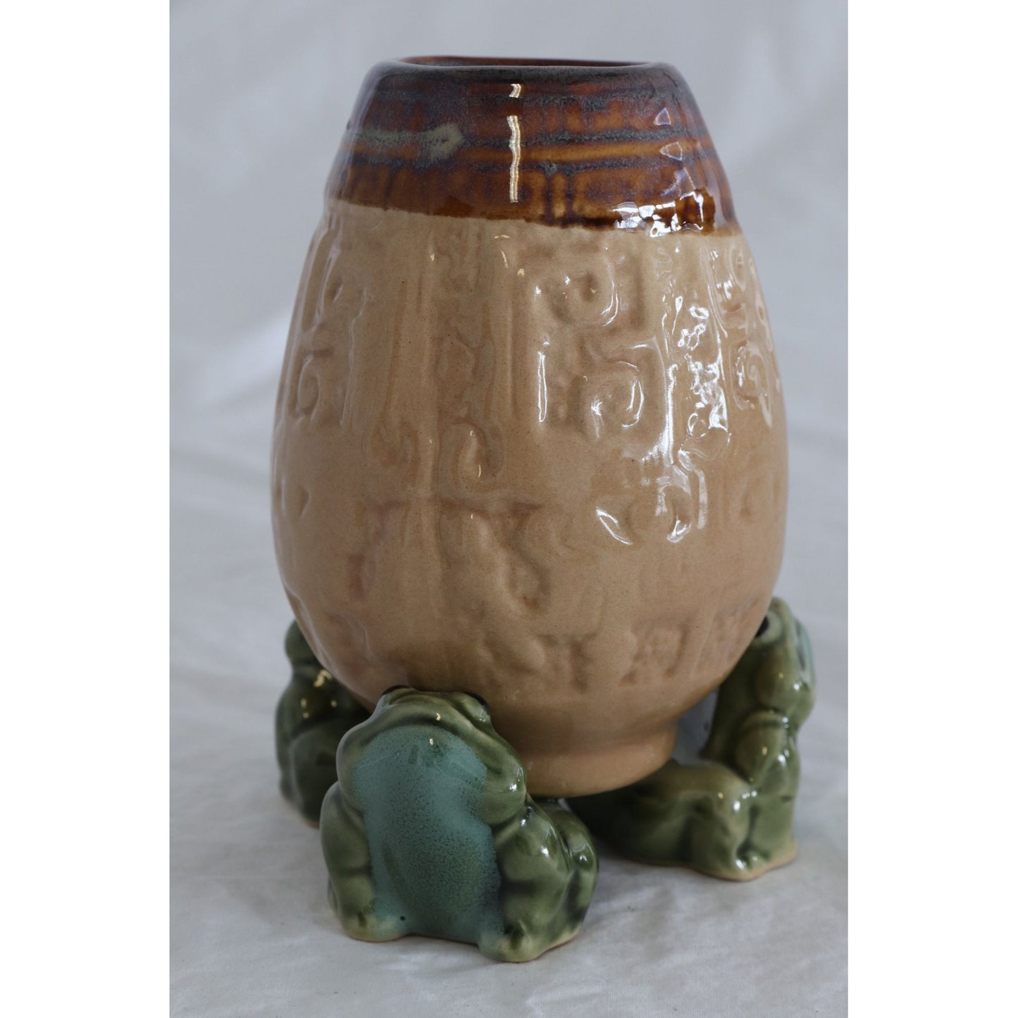 Vintage 3 Frog Aztec Pattern Ceramic Vase Beige & Brown Fine Pottery Art