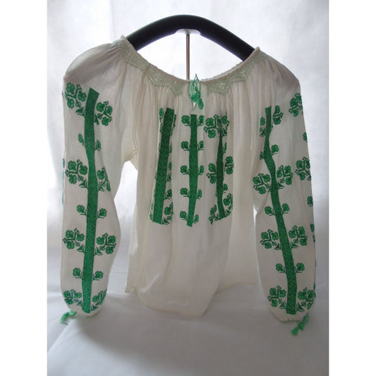 Vintage 1975  Women’s Handmade Romanian Embroidered Blouse Green & White Cotton S