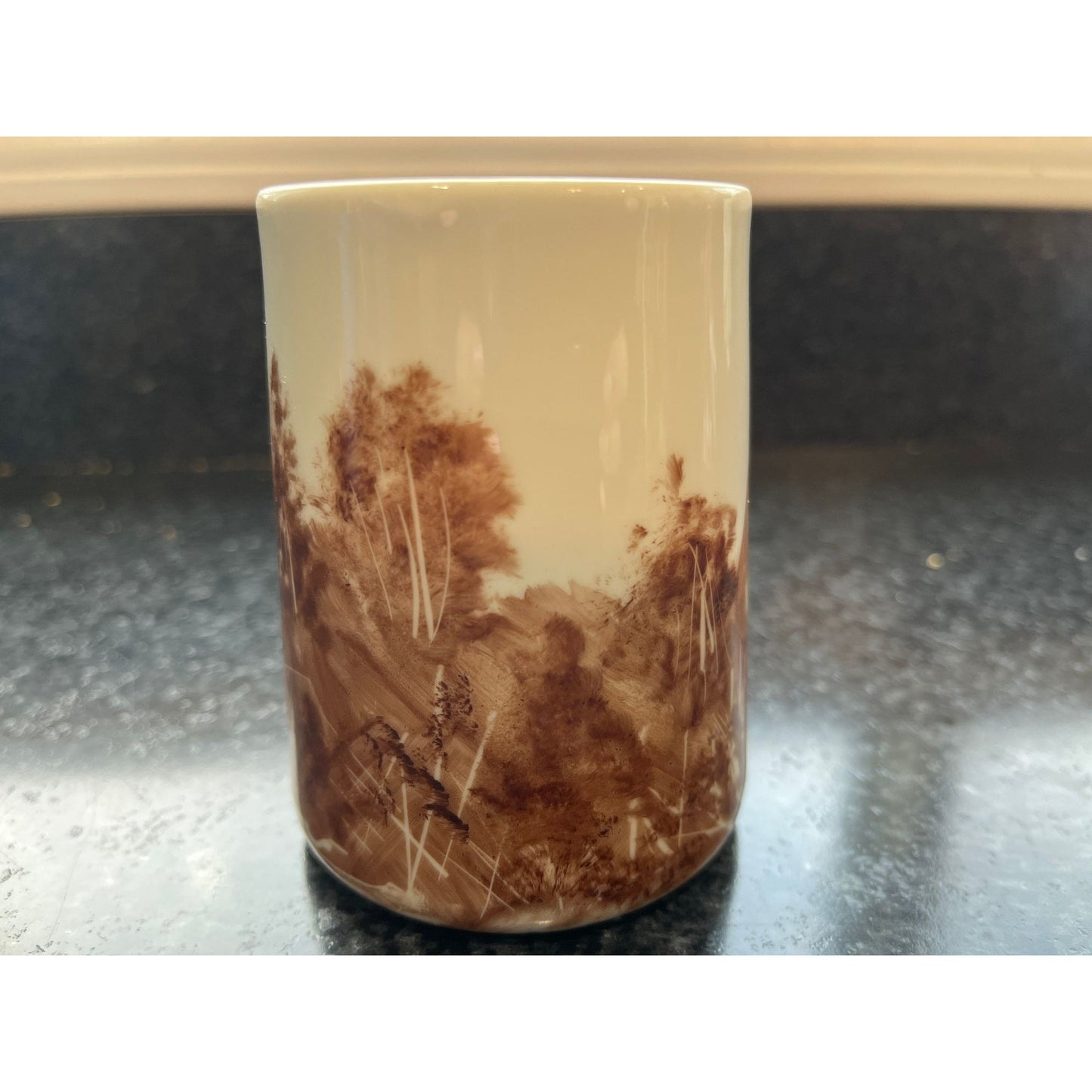 Vintage 1970's Coffee Tea Hand Painted Ceramic Mug By Martha Morey Signed By Artist Brown Country Side Scene