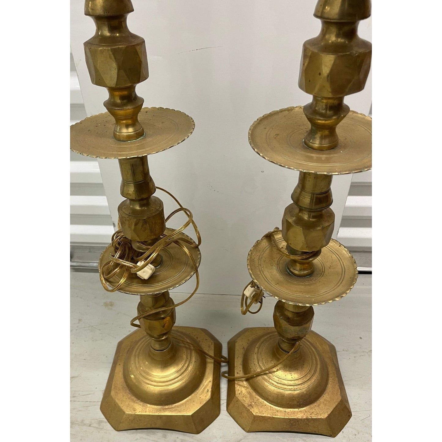 Vintage 1965 Moroccan Tall Solid Brass Candle Holders Converted Into Floor Lamps 47" Tall Handmade