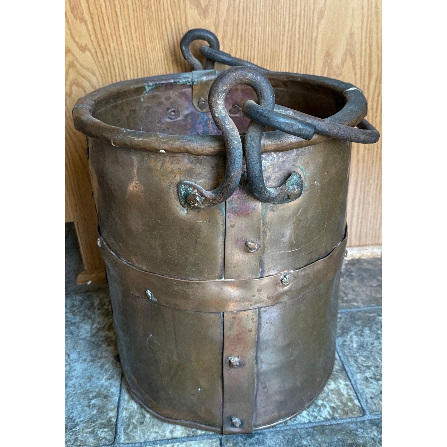 19th Century Copper Firewood Bucket Cauldron With Handle 13 1/2" Tall