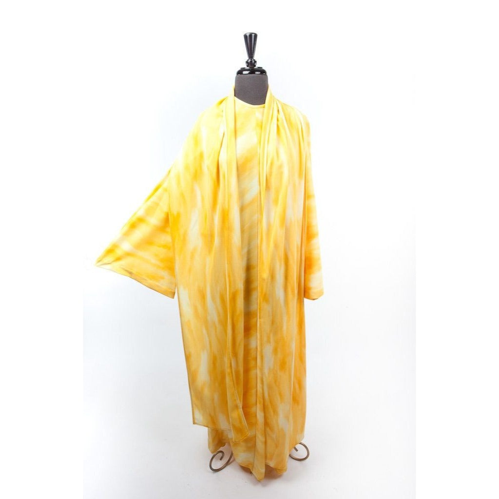 Vtg 1970's Avon Family Fashions Yellow White Tie Dyed Maxi Dress & Shawl Bell Sleeves Boho Hippie L