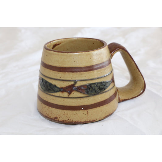 Vintage Art Pottery Coffee Mug Tea With Three Decorative Fish In Glaze Handmade Brown