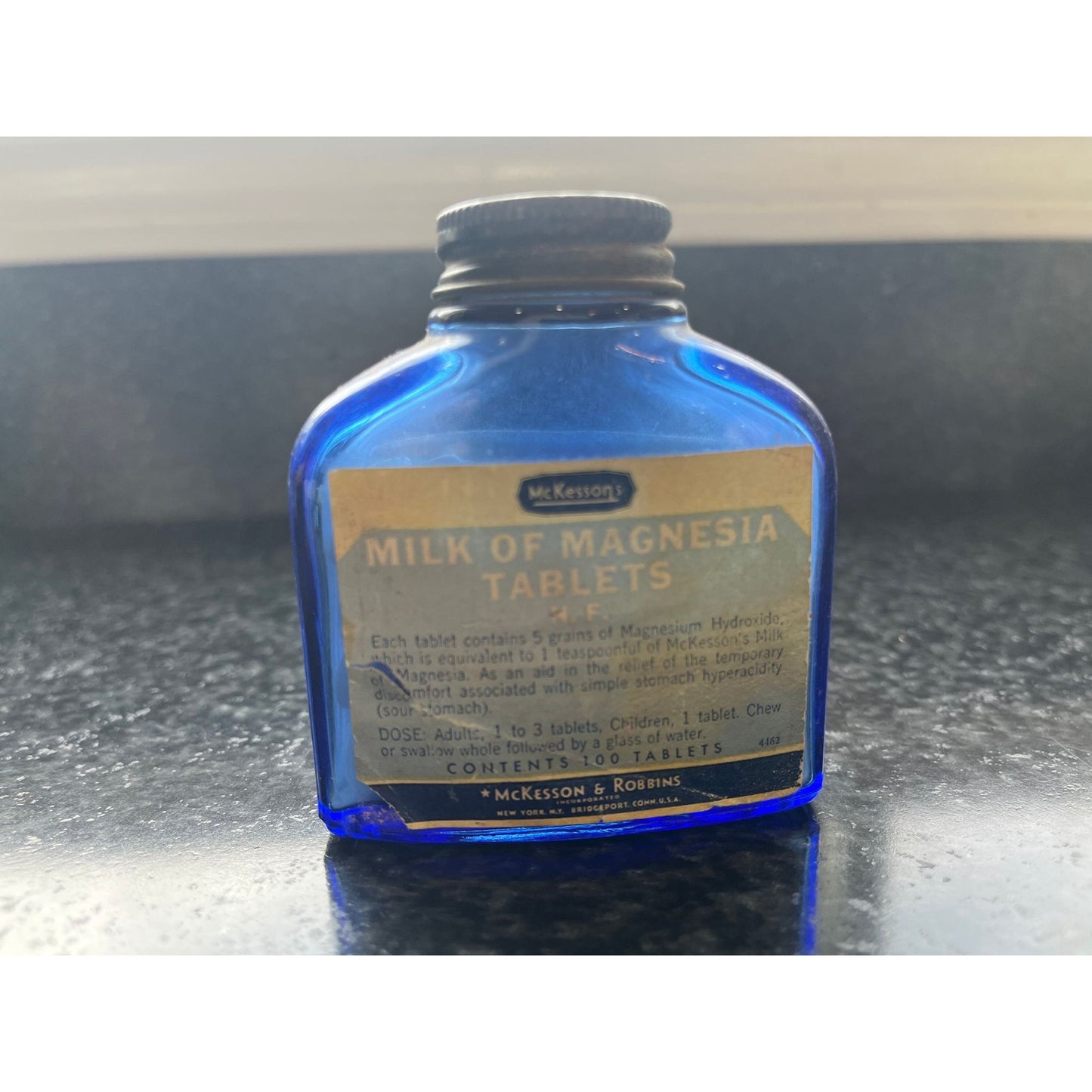 Vtg McKesson & Robbins Bottle Milk of Magnesia Cobalt Blue Ribbed Sided Bottle Original Metal Lid Original Label Collector's Item