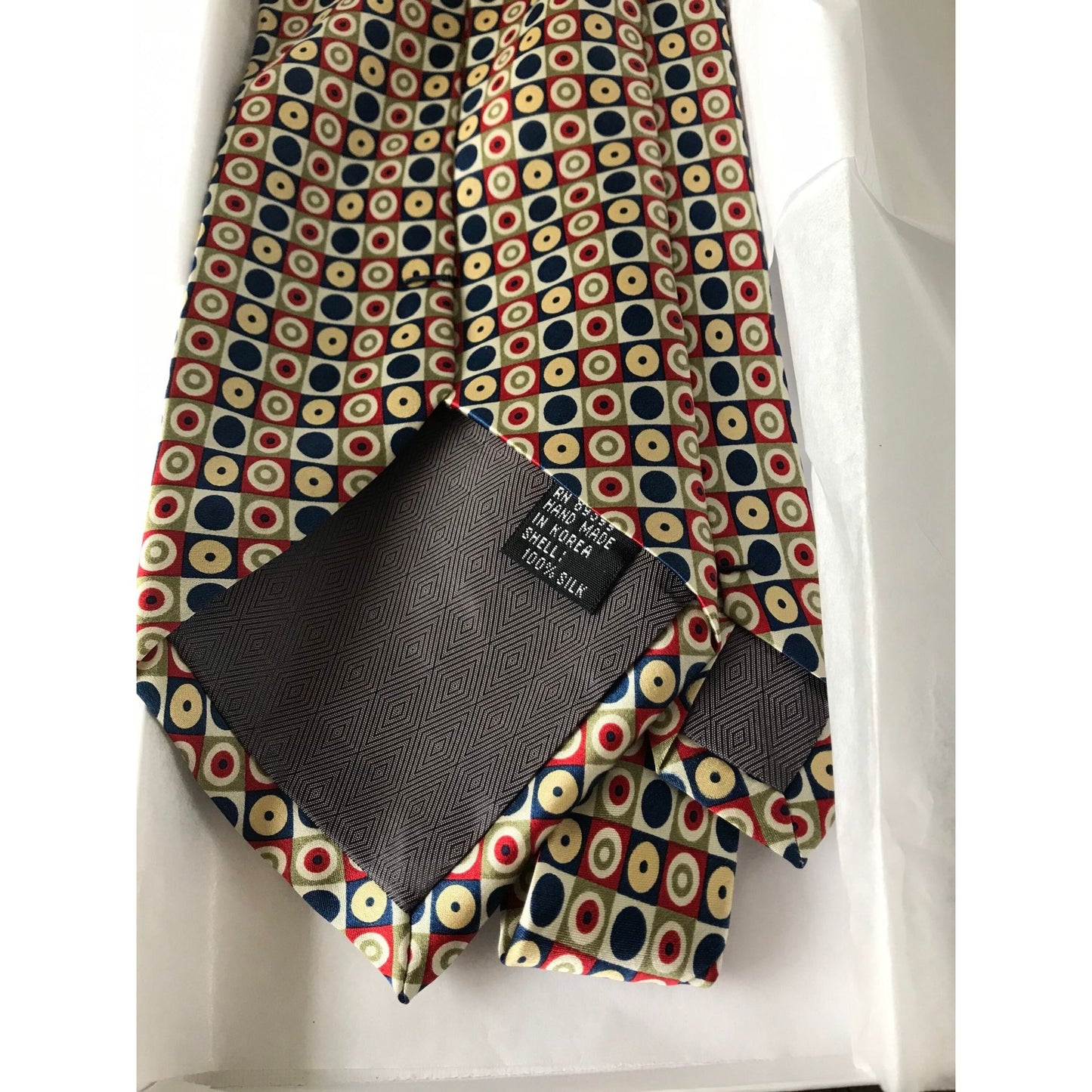 Vintage Men’s Tie By Tongue Tied 100% Silk Red Blue Yellow Geometric Pattern Tom McLellon