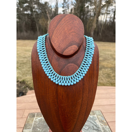 Vintage 1940's Handmade Egg Shell Blue Beaded Collar Necklace Woven Various Size Beads Lovely Clasp