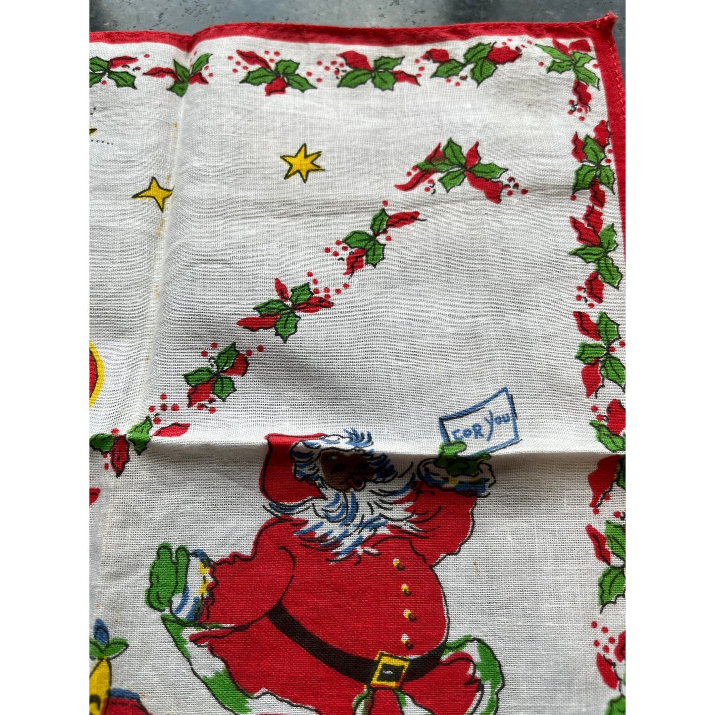 Vtg 1950's Christmas Black Santa "For You" Cotton Handkerchief Santa's Sled With Presents & Holly