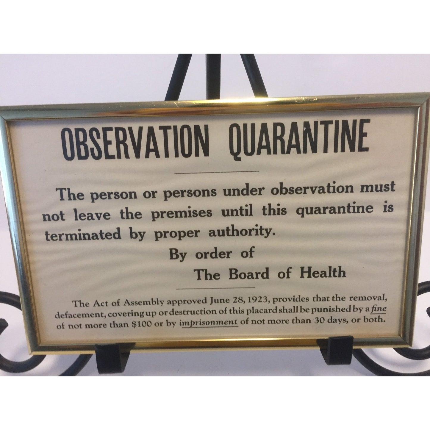 Vintage Medical Historical Sign OBSERVATION QUARANTINE By The Board of Health Framed