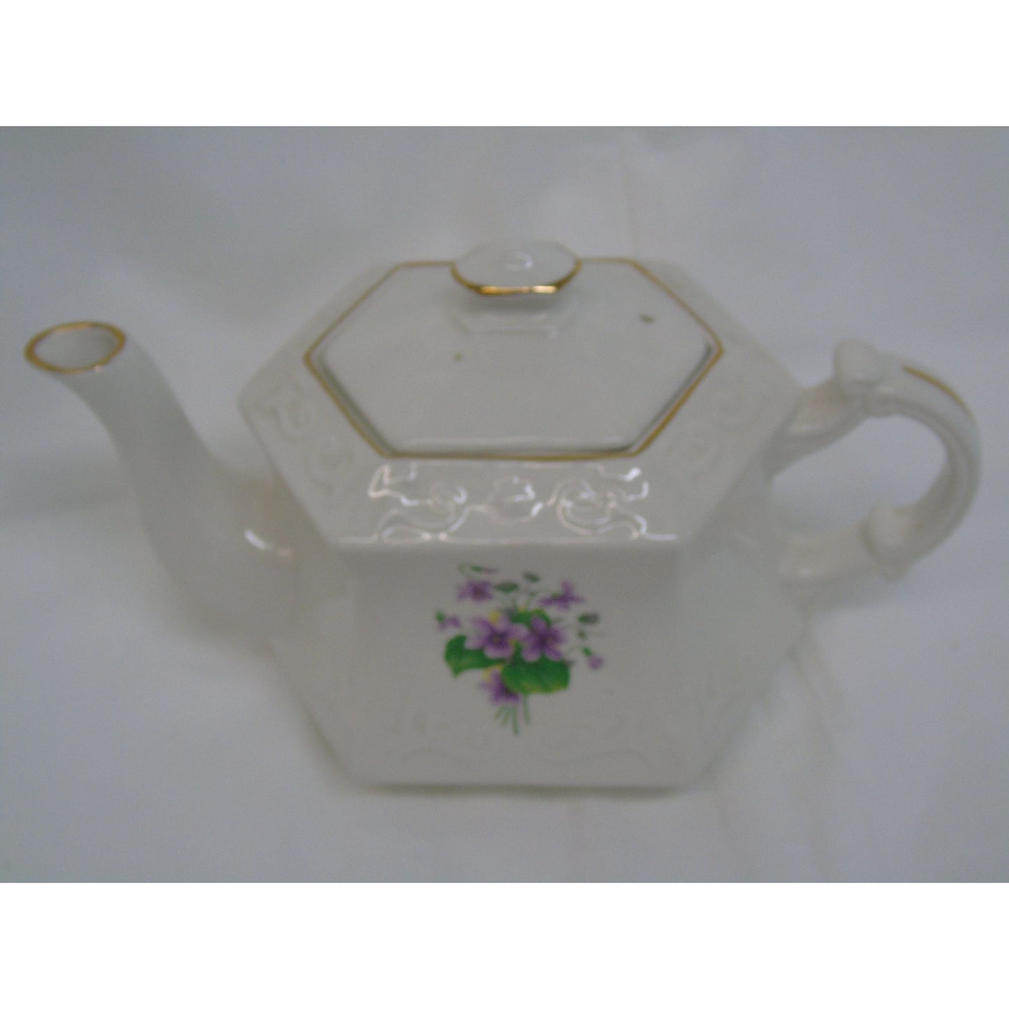 Vintage Ellgreave Genuine Ironstone Floral Teapot made in England Purple Flowers Hexagon Gold Accents