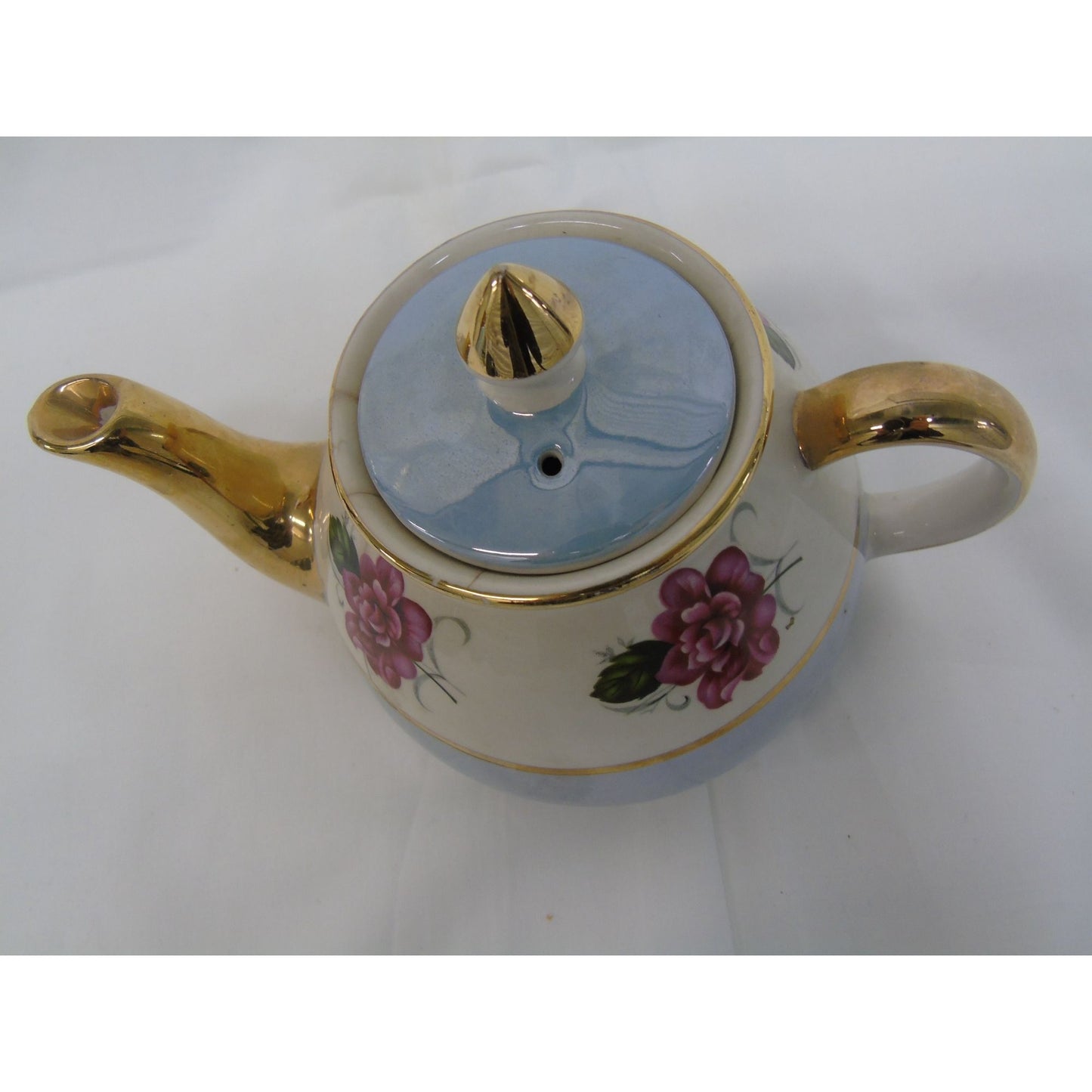 Vintage Gibsons Staffordshire England Blue and White with Gold Trim Red Roses Tea Pot