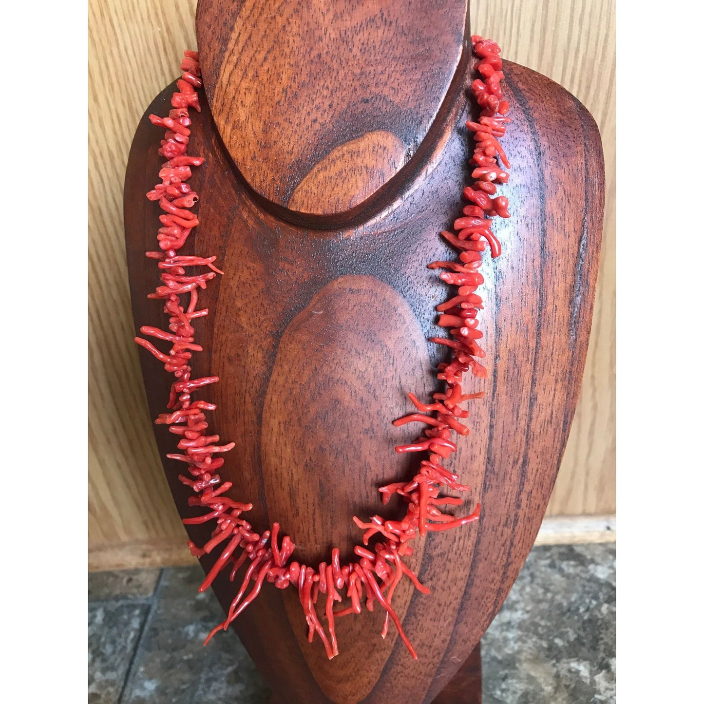 Vtg 1970's Natural Red Coral Branch Necklace Sterling Silver Beads & Silver Tone Spring Ring Clasp