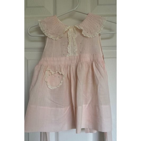 Vtg Pink Baby Dress Mozelle Hand Made Philippines 1950's White Lace Edging Pink Ties Hand Embroidered Heart On Dress