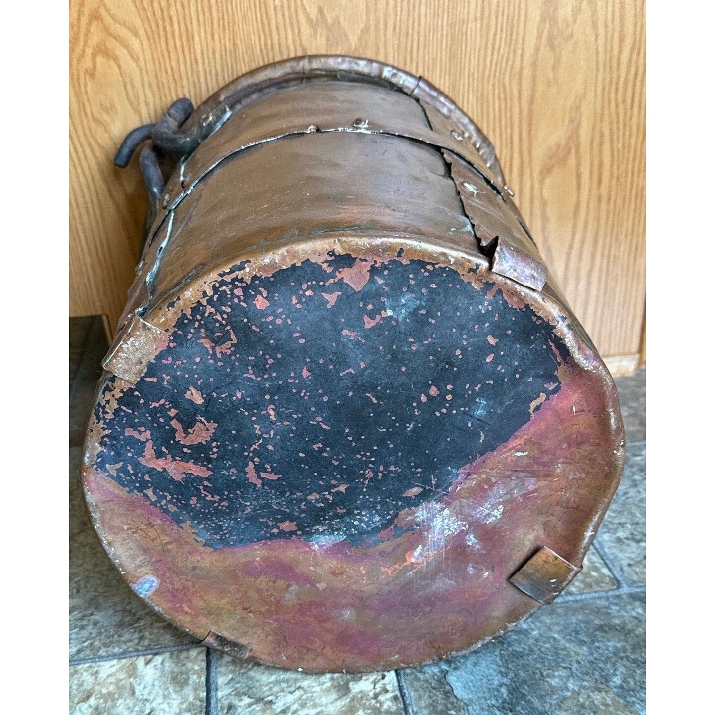 19th Century Copper Firewood Bucket Cauldron With Handle 13 1/2" Tall