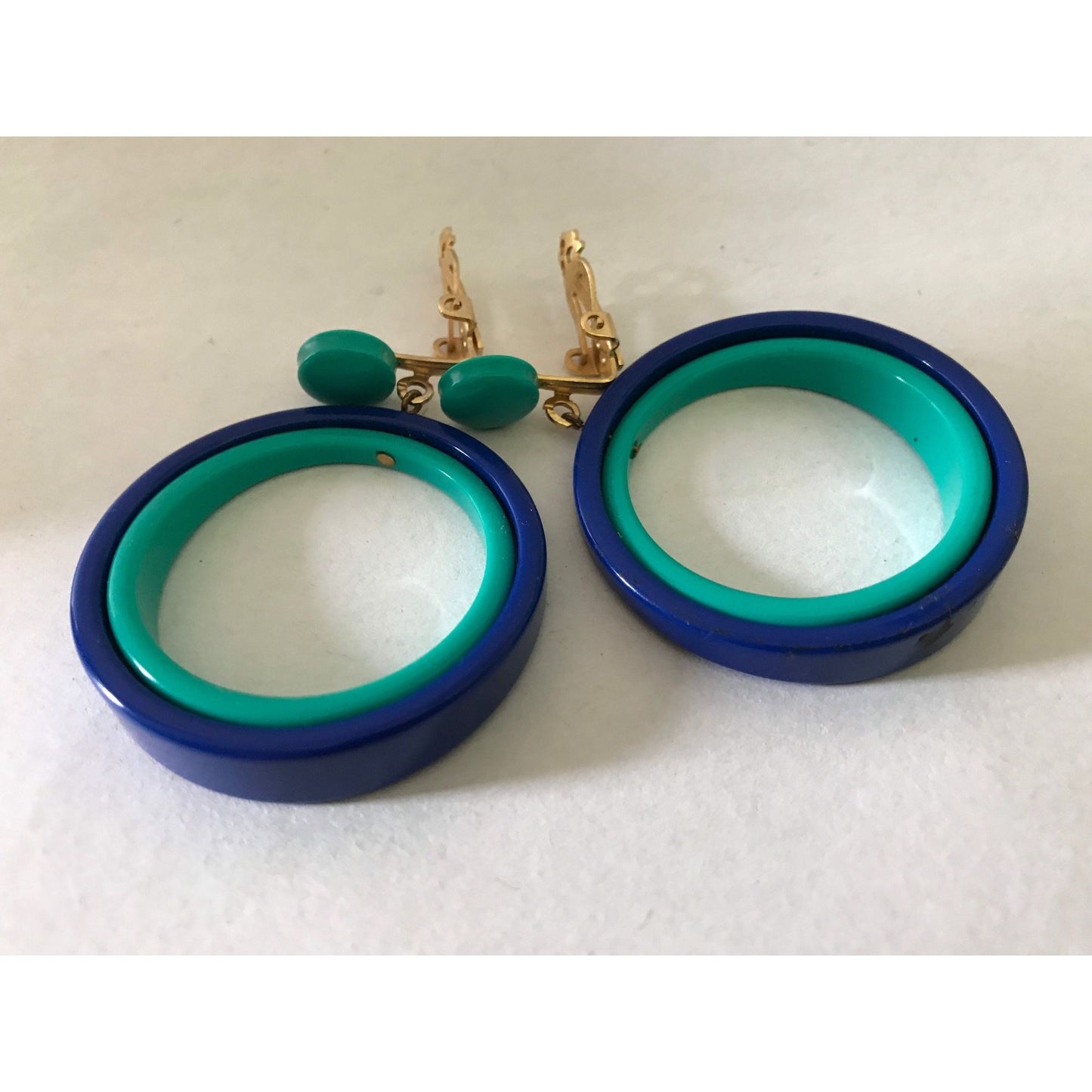 Vtg 1960's Mod Dangle Drop 2 Concentric Circles Clip On Earrings Deep Blue Turquoise Geometric