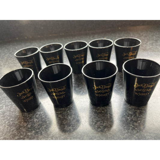 Vintage Nine Jack Daniel's Shot Glasses - Black with Gold Lettering by Libbey "L" Logo On Base