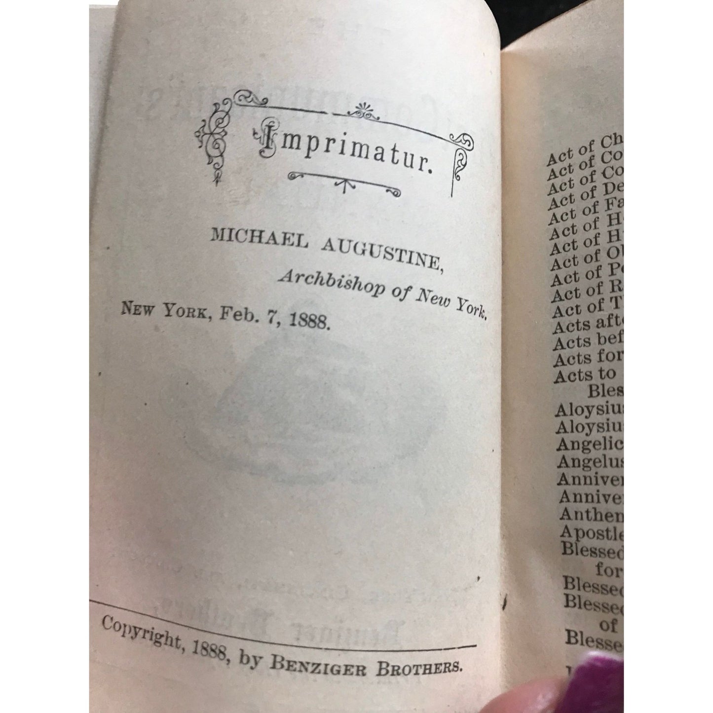 Antique Book The First Communicant's Manual Feb. 7, 1888 Benziger Brother's Purple Velvet Brass Boards