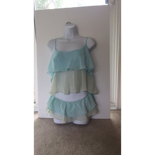 Intimates By Flora 2 Piece Negligee Lingerie Set Turquoise & Yellow Top With Adjustable Straps And "Mini Skirt" Size M