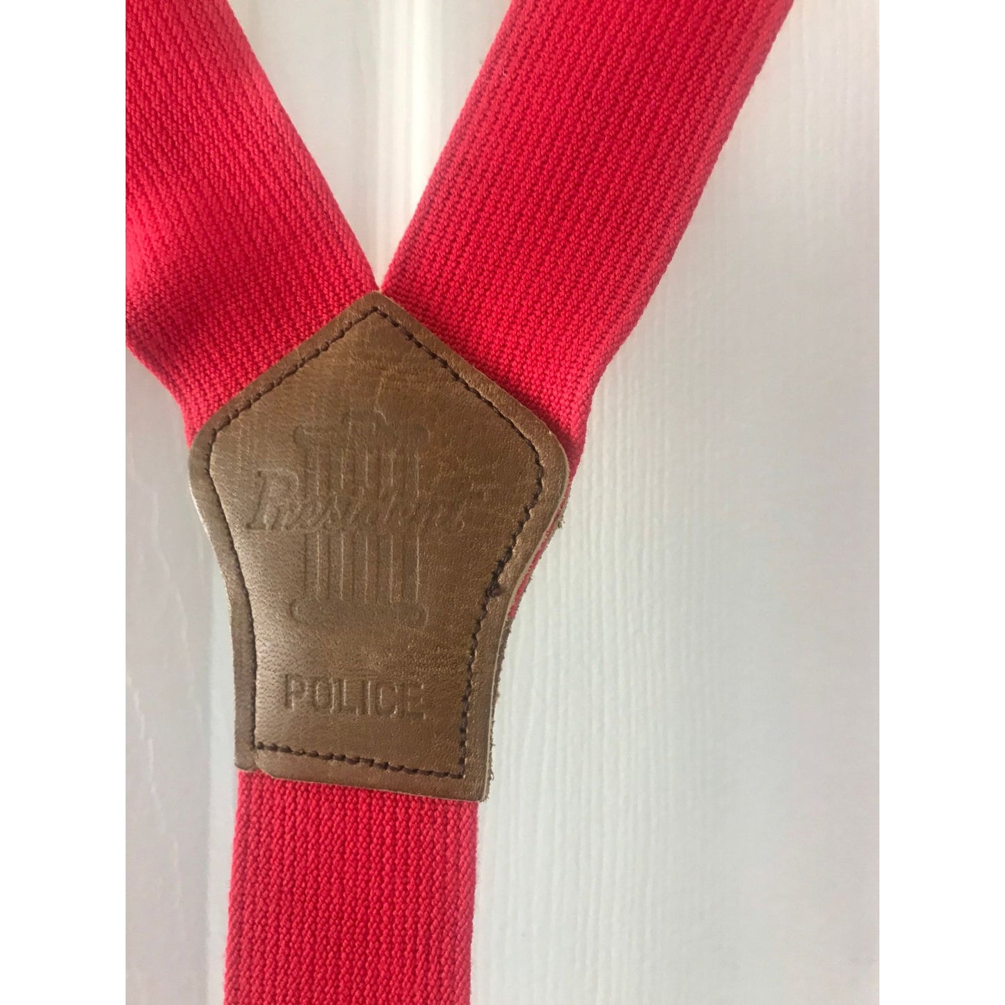 Vintage Very Rare President Co. POLICE Red Button On Suspenders Leather Elastic 1940's