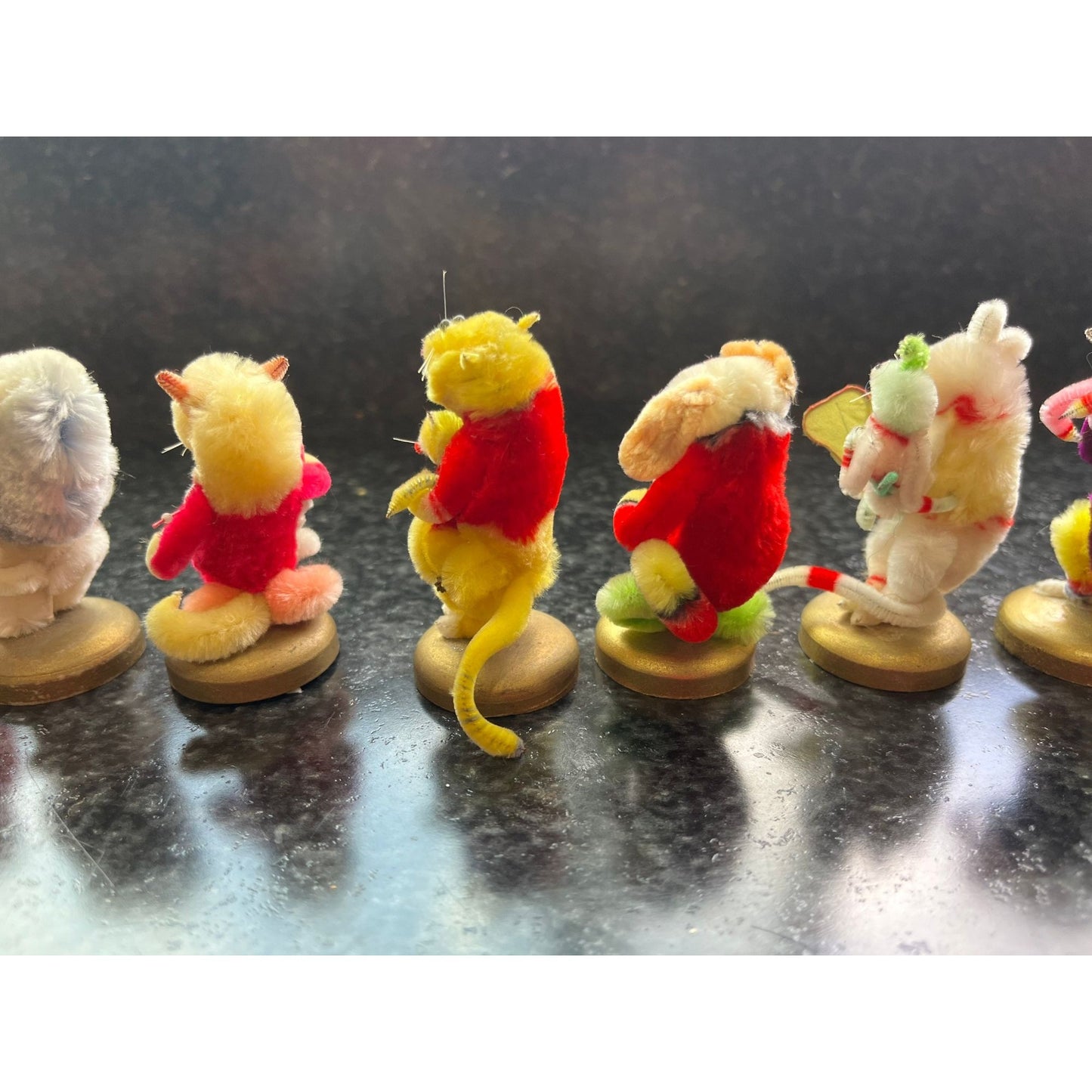 Vtg Set Of 12 Handmade Chenille Animals Mother & Child 2" Figurines Amazing Details One Of A Kind