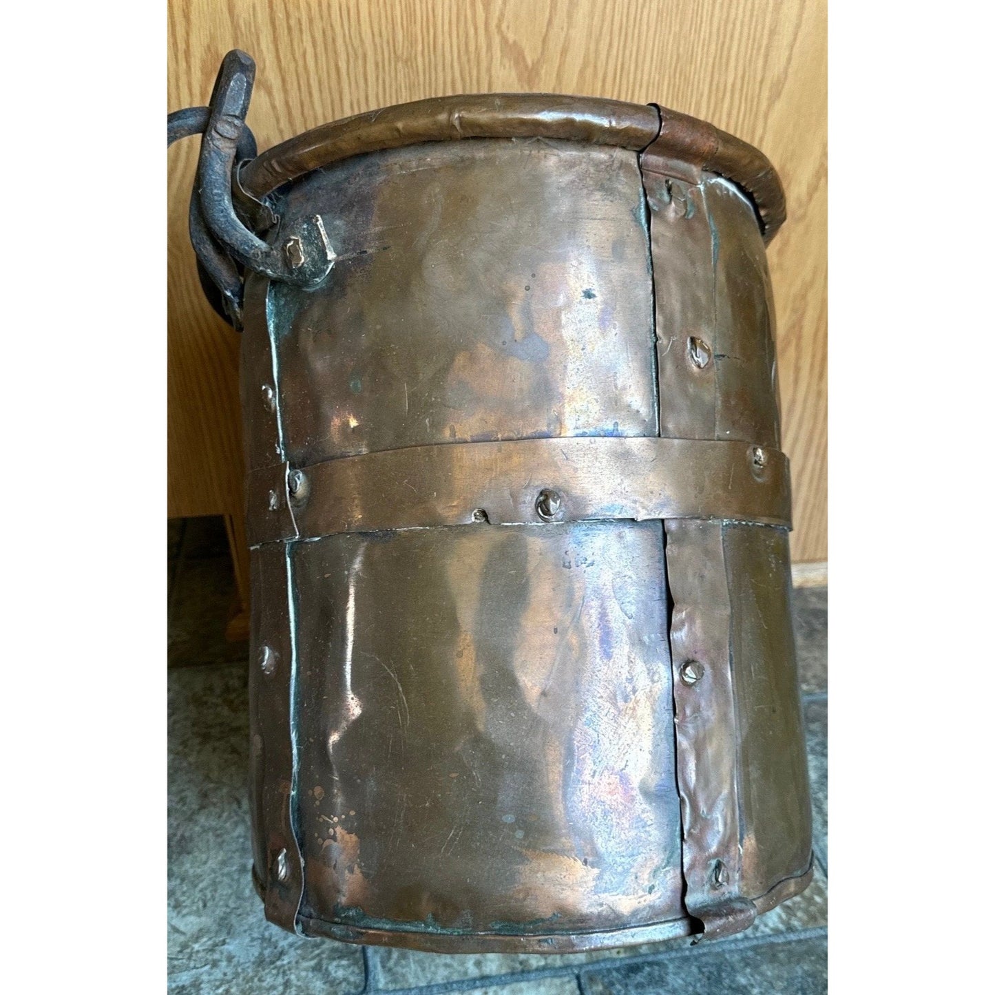 19th Century Copper Firewood Bucket Cauldron With Handle 13 1/2" Tall