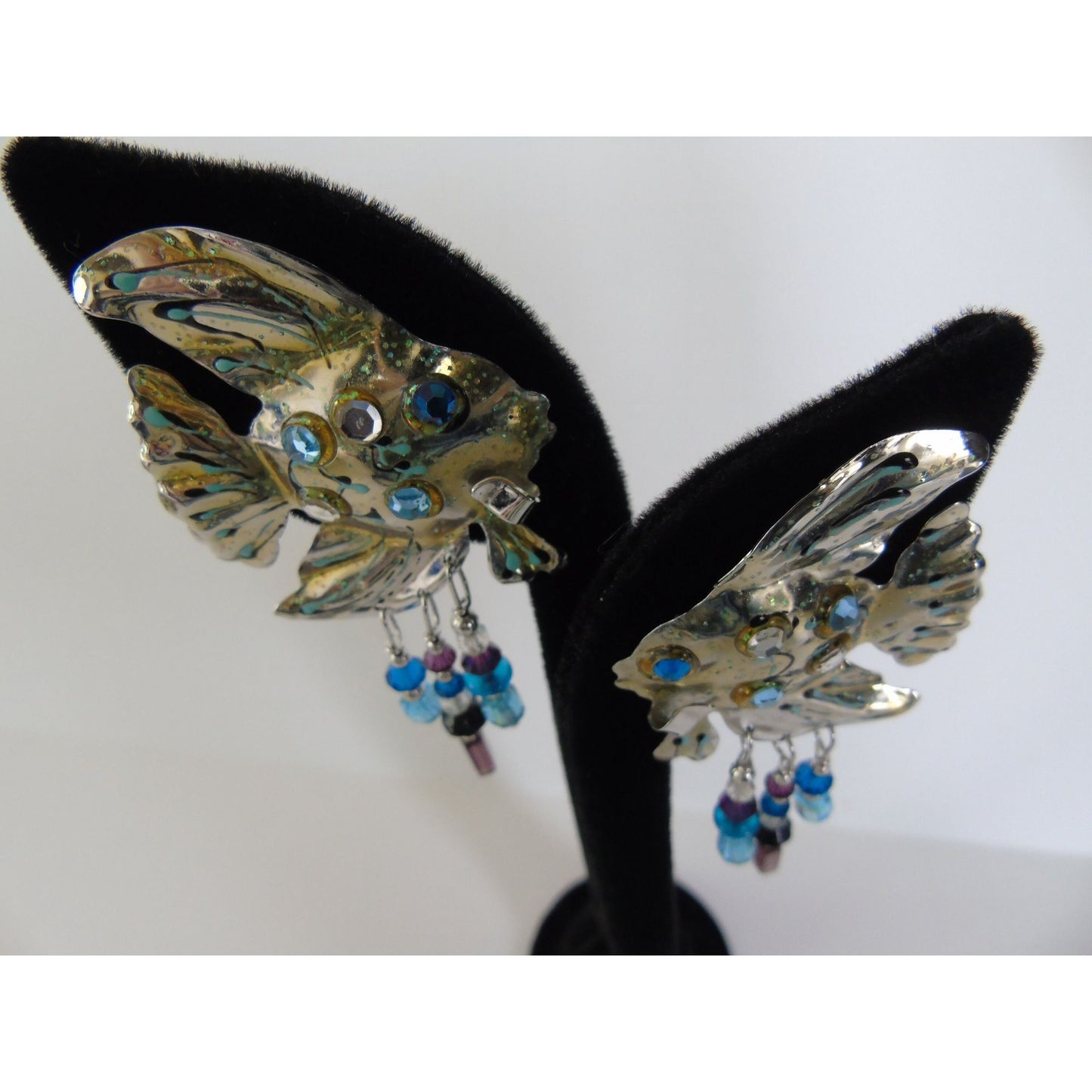 Lunch At The Ritz Fish Earrings Pierced Signed '87 LATR Glitter Enamel Rhinestones Beads