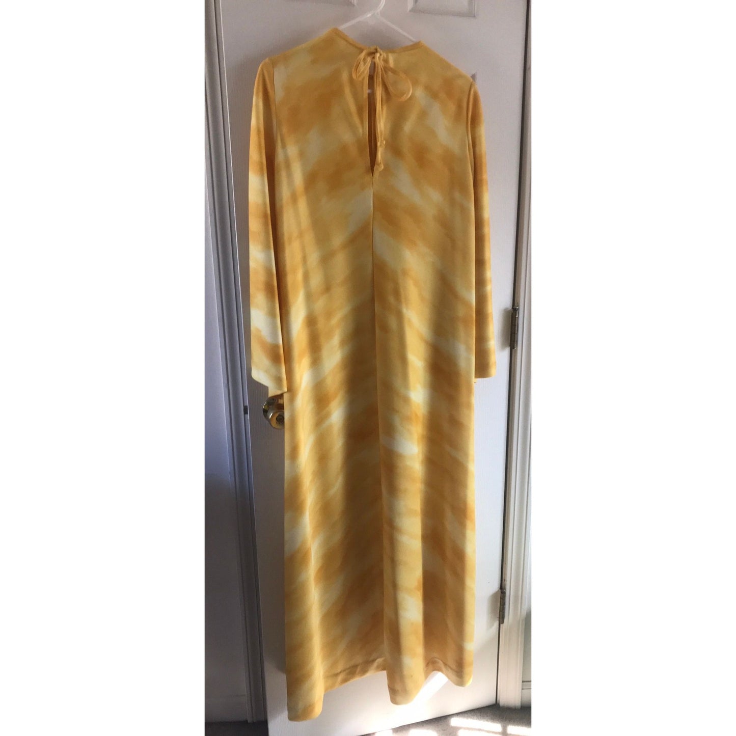 Vtg 1970's Avon Family Fashions Yellow White Tie Dyed Maxi Dress & Shawl Bell Sleeves Boho Hippie L