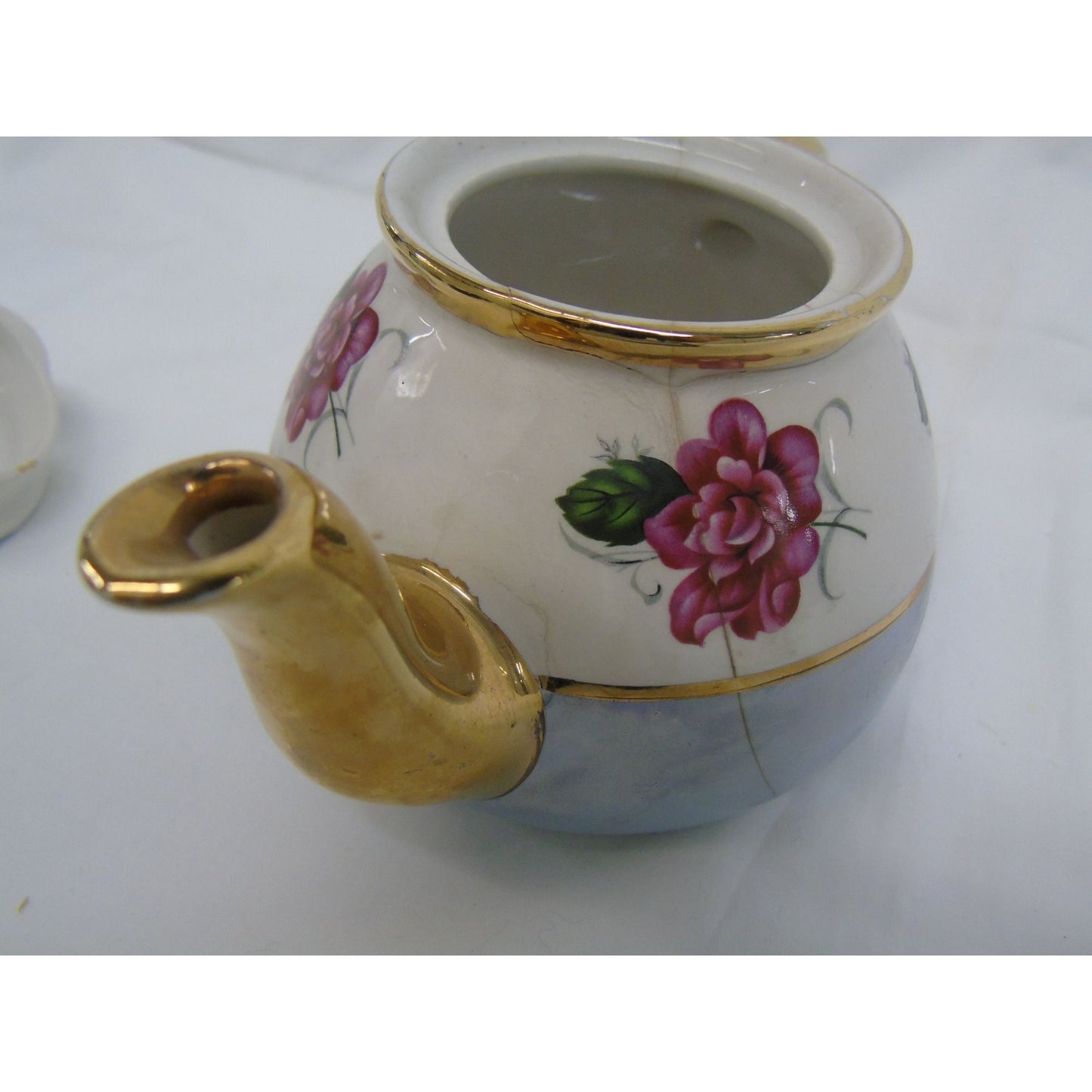 Vintage Gibsons Staffordshire England Blue and White with Gold Trim Red Roses Tea Pot