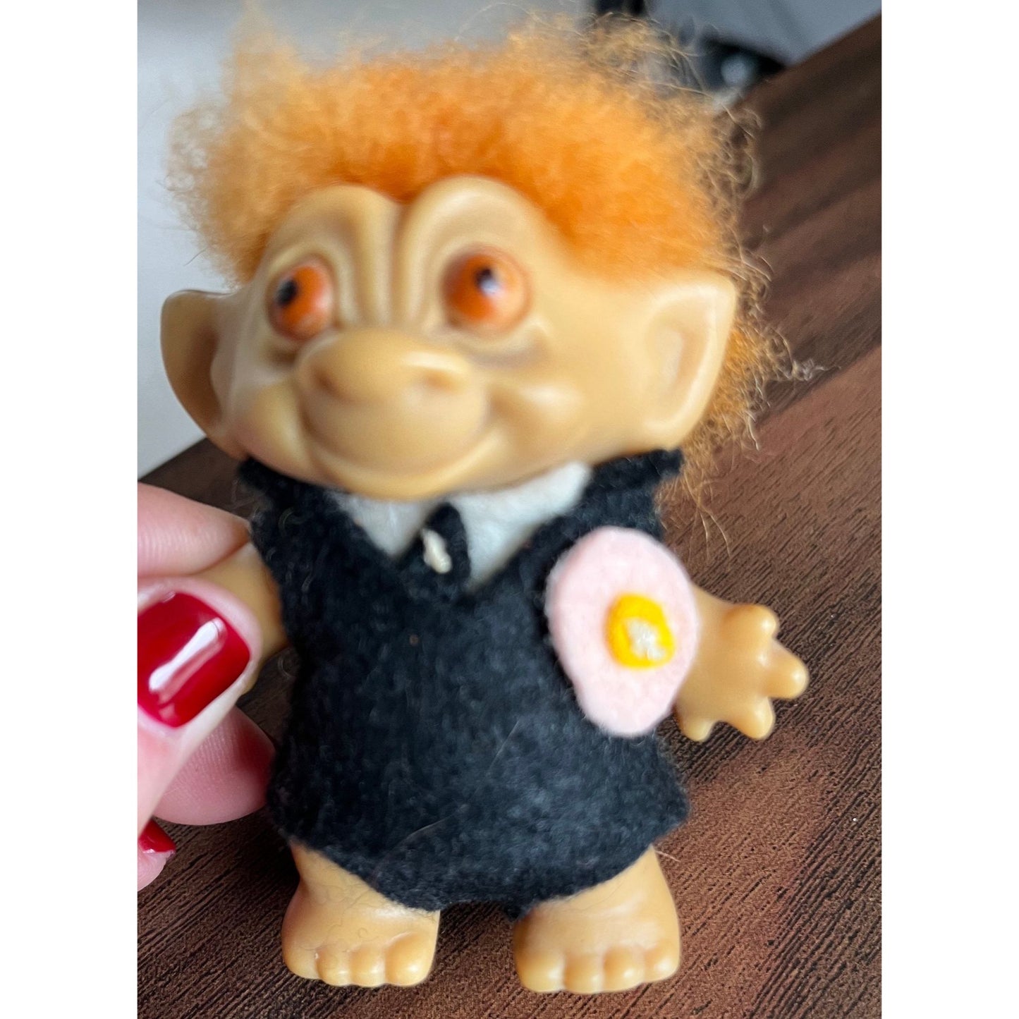 Vtg 1960's Rootie Tab Neck 3” Troll Doll with Short Orange Hair and Bulgy Orange Eyes Handmade Groom Of The Wedding