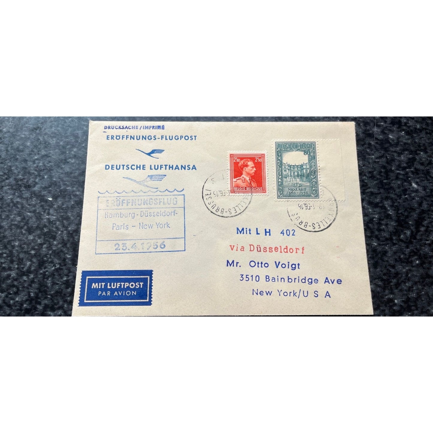 Vtg 1956 Opening Flight Hamburg-Dusseldorf Paris - New York By Airmail Imprime Opening Air Mail German Lufthansa In German Belgium Stamps