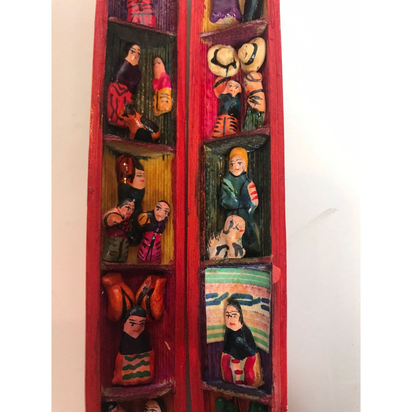 Vtg Peru Retablo Diorama Peruvian Folk Art Wood Folding Tube Handmade Hand Dyed Wood Leather Ceramic Yarn Cactus