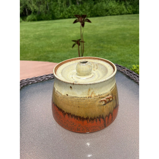 Vtg Handmade Studio Art Fine Pottery Vessel With Lid Glazed Brown Beige Bronze Signed NAHLER