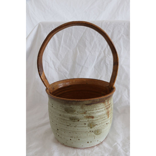 Vtg Handmade Art Fine Pottery Ceramic Basket Ribbed Glazed Beige Brown Signed By Artist NAHLER Barbara Nahler