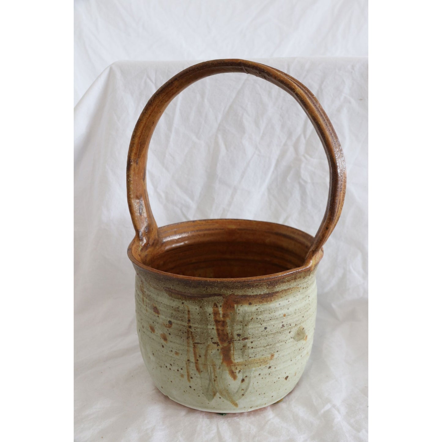 Vtg Handmade Art Fine Pottery Ceramic Basket Ribbed Glazed Beige Brown Signed By Artist NAHLER Barbara Nahler