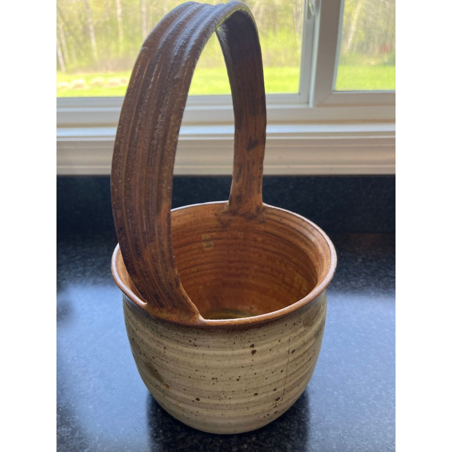 Vtg Handmade Art Fine Pottery Ceramic Basket Ribbed Glazed Beige Brown Signed By Artist NAHLER Barbara Nahler