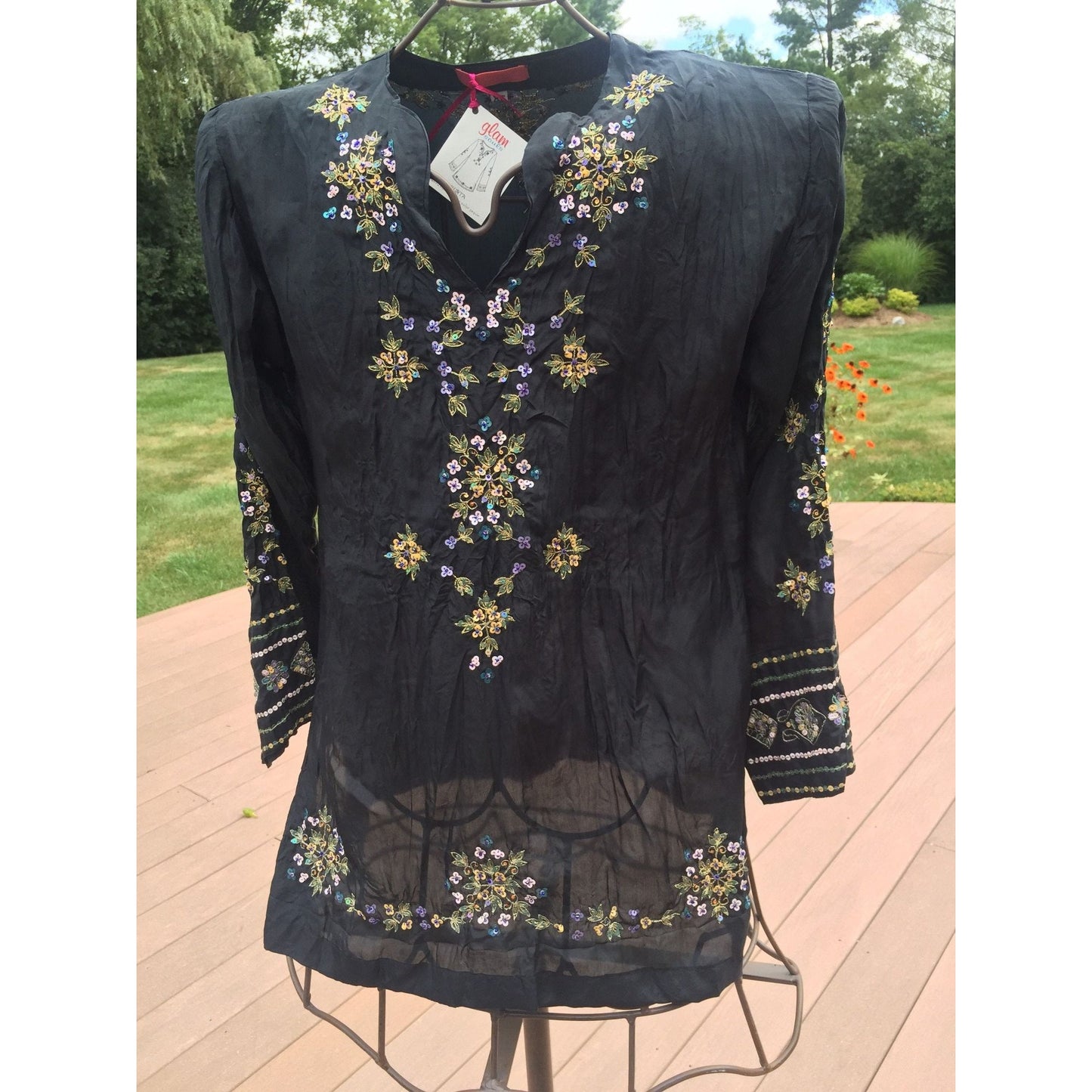 Women’s Kurta Glam Souls Black Sequined Nehru Tunic Top Handmade Peasant Blouse NWT XS