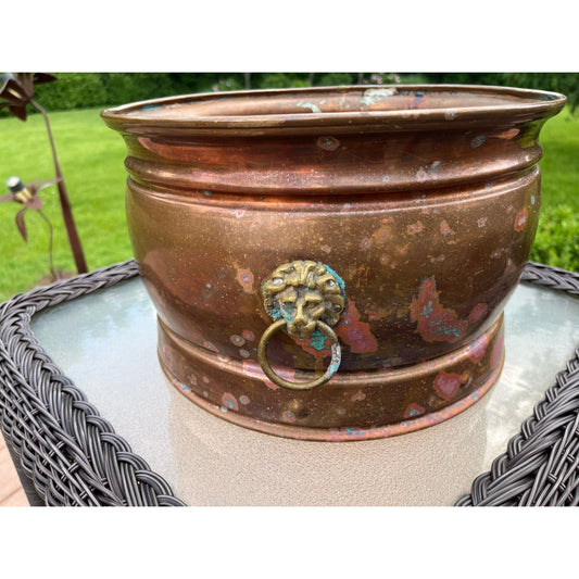 Antique 19th Century Copper Cauldron Log Bin Brass Lion Handles c.1860 Made In England