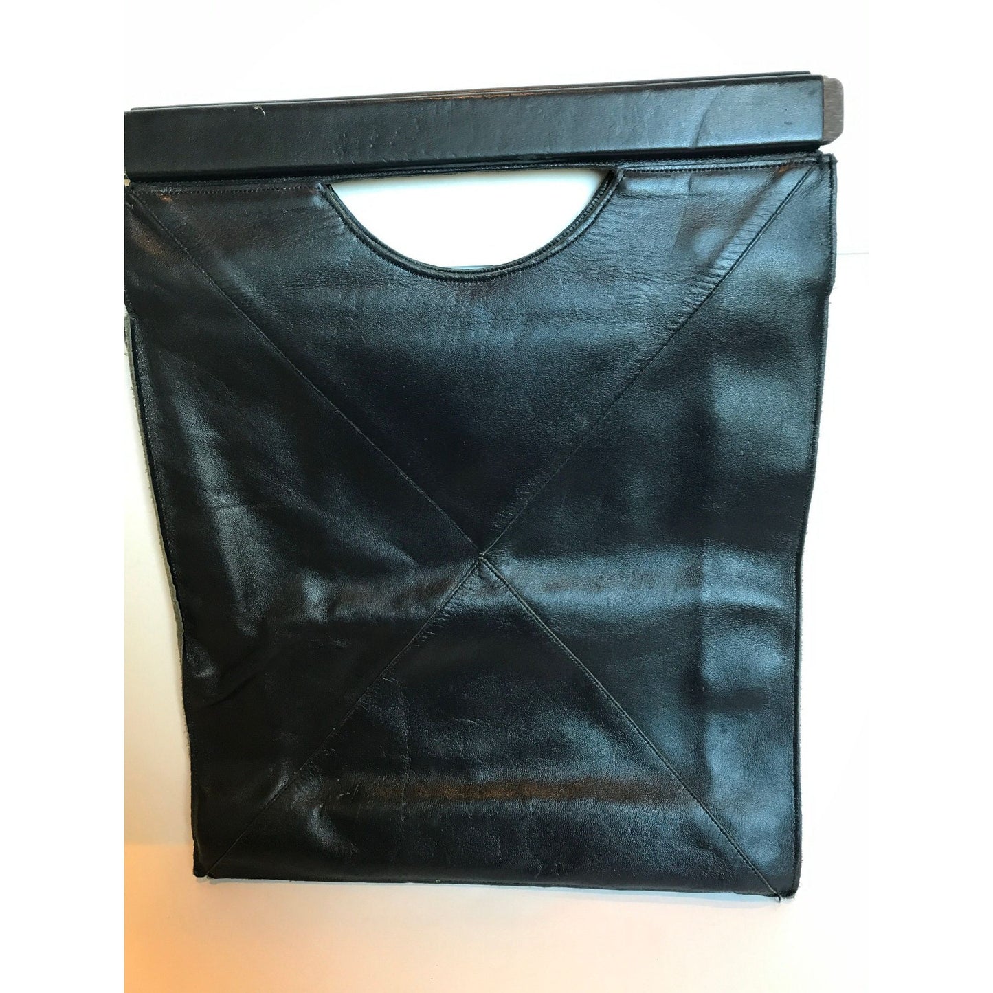 Vintage Black Leather Purse Rectangle Shape Wooden Handles 1970's Unique Construction