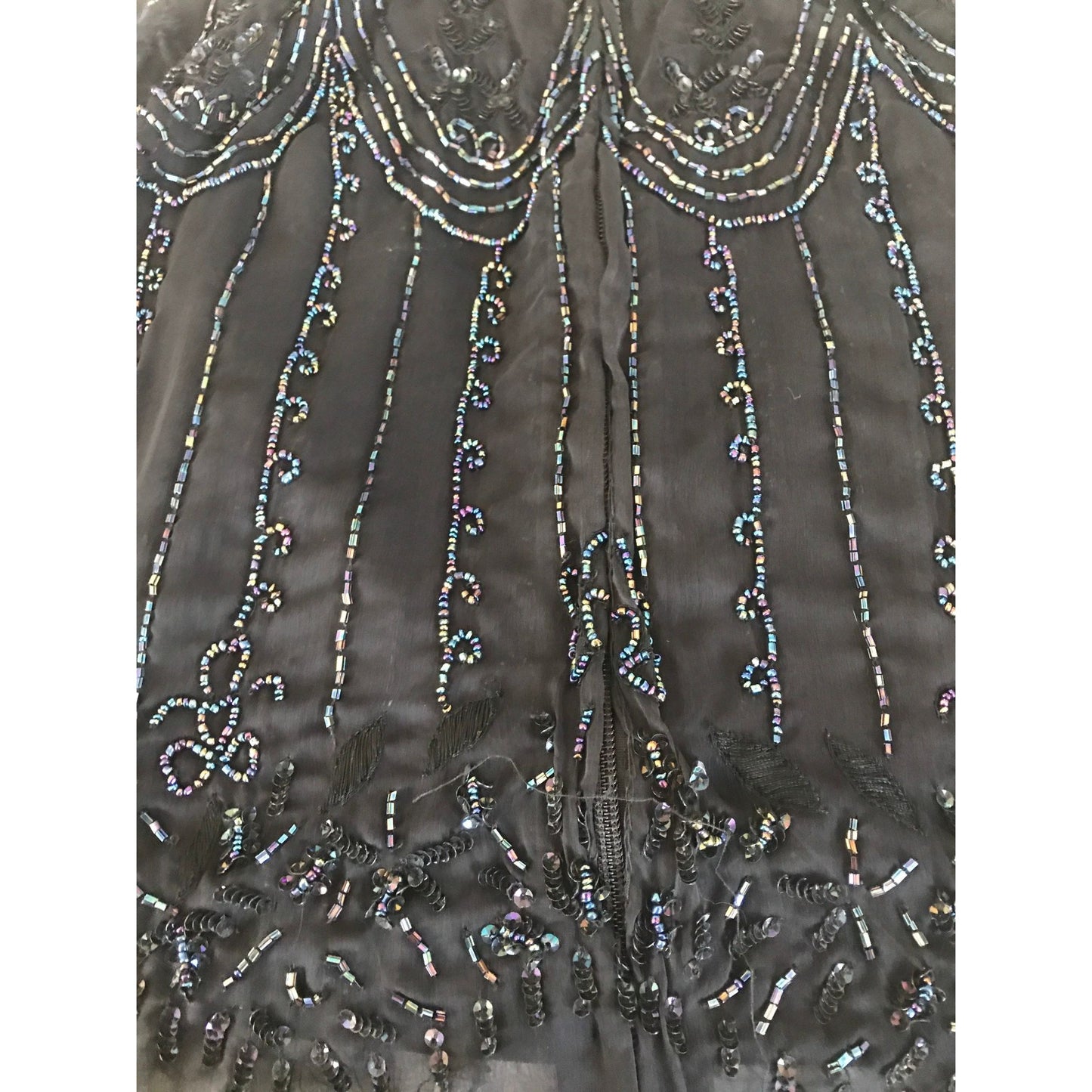 Vtg Women's Fully Hand Beaded Blouse Black Purple Essence Beads With Black Chemise 100% Silk  Zip Back Small